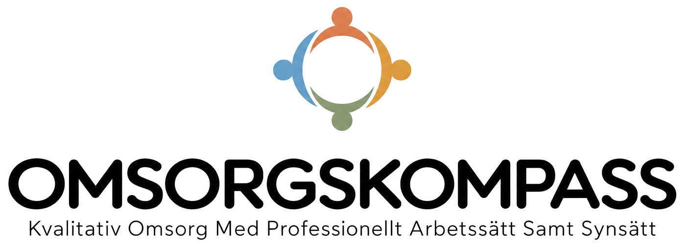 Omsorgskompass logotyp – kompassymbol i fyra färger med texten Omsorgskompass och undertiteln Kvalitativ Omsorg Med Professionellt Arbetssätt Samt Synsätt