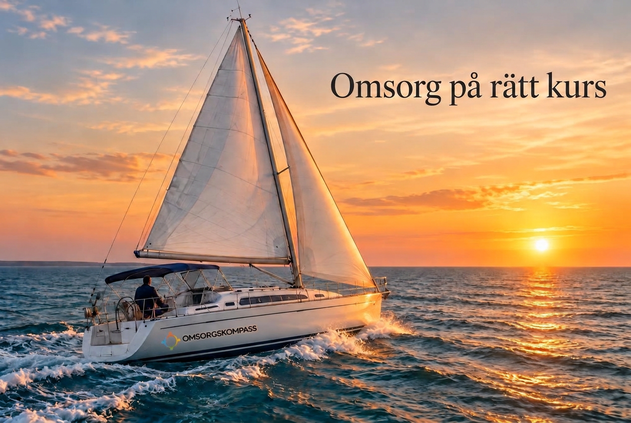 En segelbåt glider fram mot solnedgången – omsorg på rätt kurs